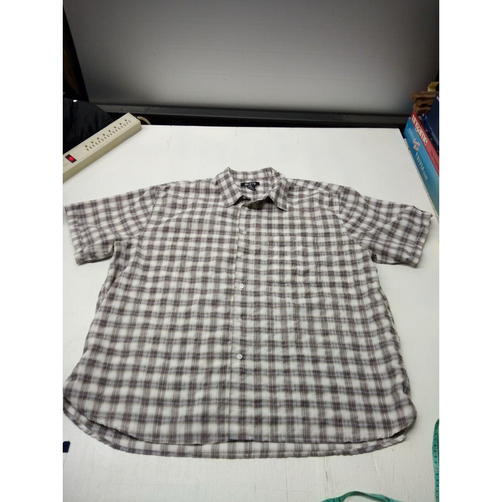 Bruno Button Up Shirt Men's 2XLB Short Sleeve Tan Plaid Polyester Blend Casual